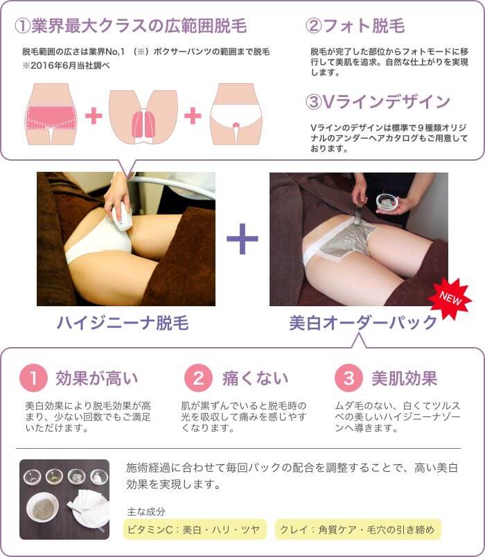 業界最大クラスの広範囲ハイジニーナ Vライン脱毛デザインも9種類からご用意しております