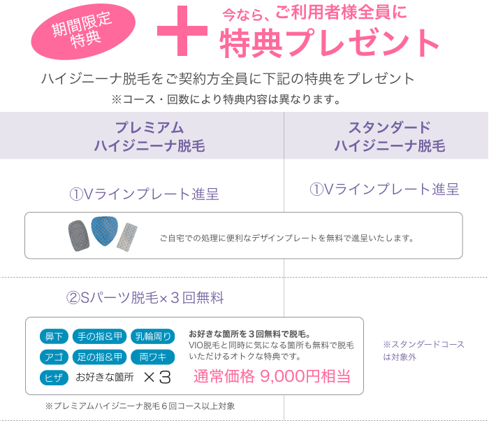 ハイジニーナ脱毛をご契約で3つの特典プレゼント