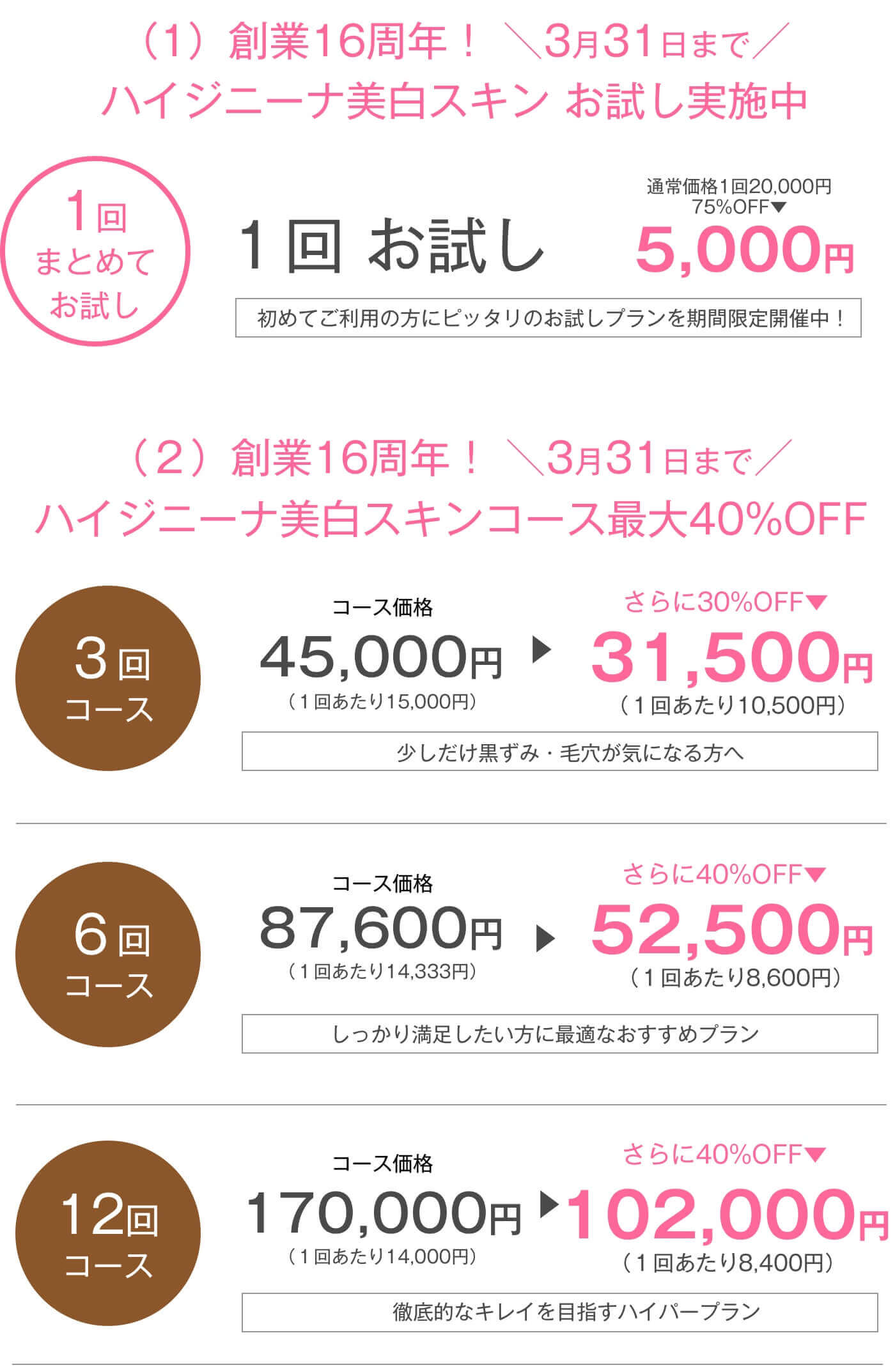2017創業祭 ハイジニーナ美白スキンコース50%OFF