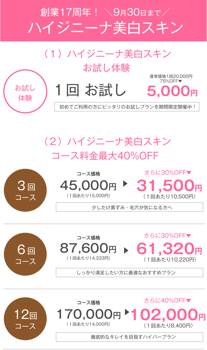2017創業祭 ハイジニーナ美白スキンコース50%OFF