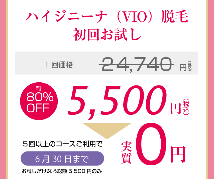 ハイジニーナ（VIO）脱毛初回お試し 1回価格（3回コース時）14,740円（税込）→62%OFF 5,500円（税込）