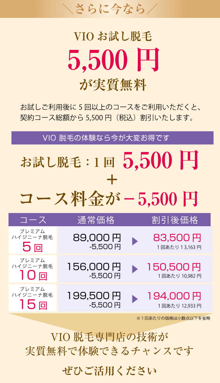 ＼さらに今なら／ 最大29,700円（税込）相当脱毛特典プレゼント　　新規ご契約で1つまたは２つの脱毛特典をプレゼントいたします。　選べる特典2個：・12回コース（プレミアムハイジニーナ脱毛）・18回コース（プレミアムハイジニーナ脱毛）/ 1個：・6回コース（プレミアムハイジニーナ脱毛）・5回コース（スピード脱毛）