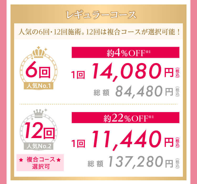レギュラーコース（人気No.1）　6回　1回14,080円（税込）　総額84,480円（税込）/　12回（人気No.2・複合コース選択可）1回11,440円（税込）総額137,280円（税込）